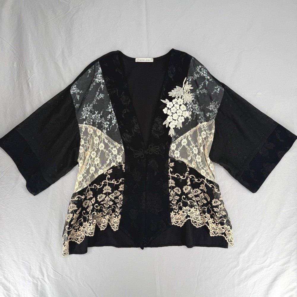 VTG Spencer Alexis Black Lace Floral Kimono Jacket Frog Closure Mixed Media Boho